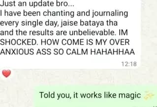WhatsApp update about chanting, journaling, and reduced anxiety